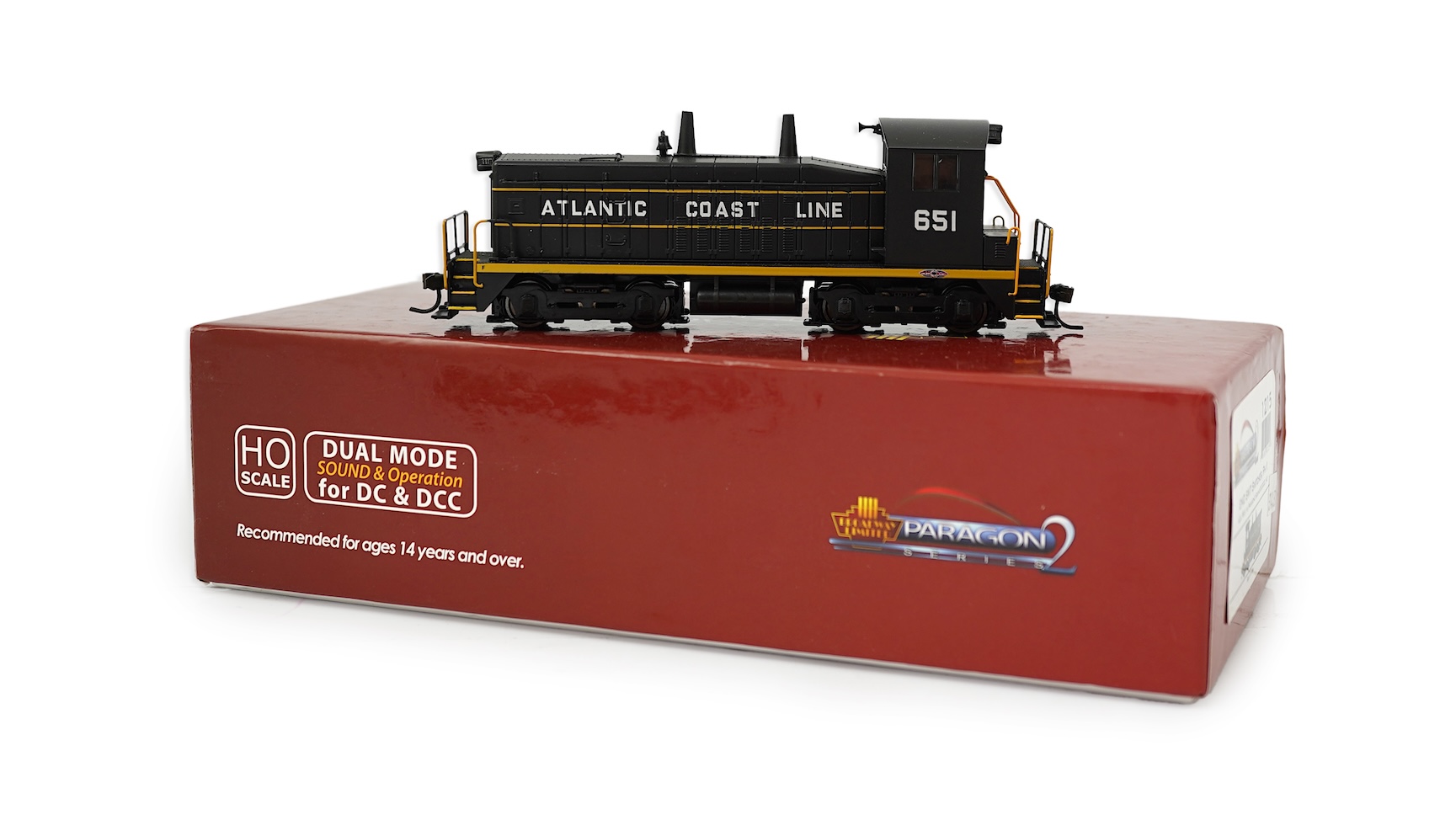 A boxed HO gauge Broadway Limited Paragon 2 Series (1215) model of Atlantic Coast Line, EMD SW7 Switcher PHII, 651, Bo-Bo diesel locomotive, powered for two rail operation.